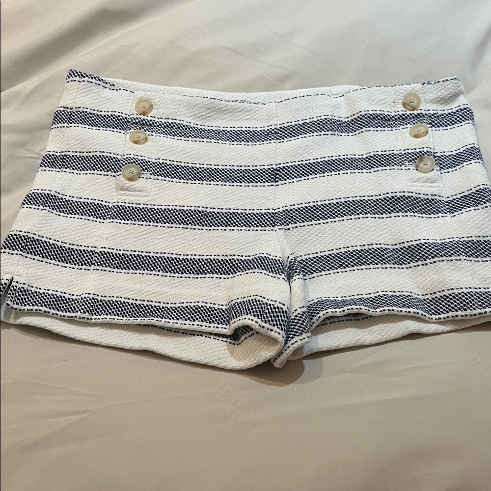 LOFT Navy and White Striped High Waist Shorts